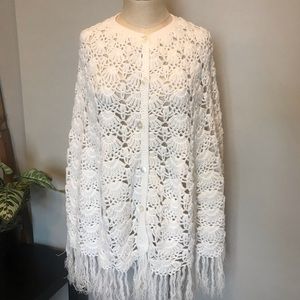 Vintage 60’s crocheted white button down fringed cape